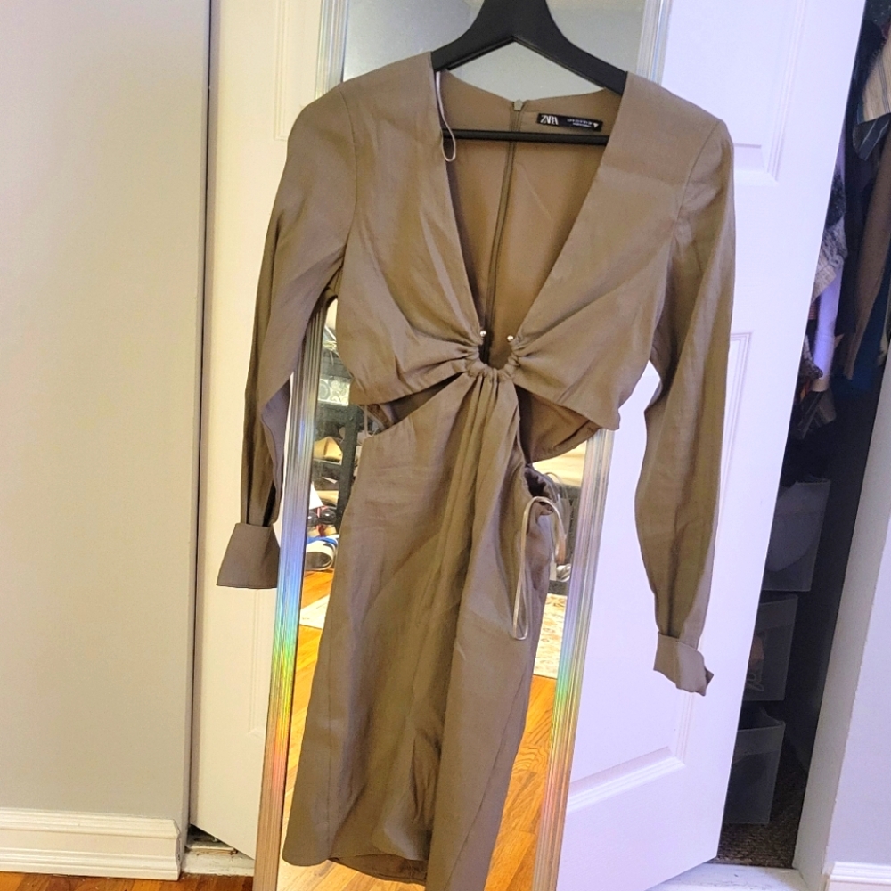 Zara Green Linen Cutout Dress